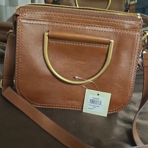 Fossil Tan Leather Crossbody Bag with Gold Accents